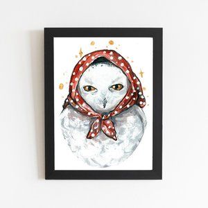 Owl Babushka Art Print, Watercolor Bird Illustration Drawing